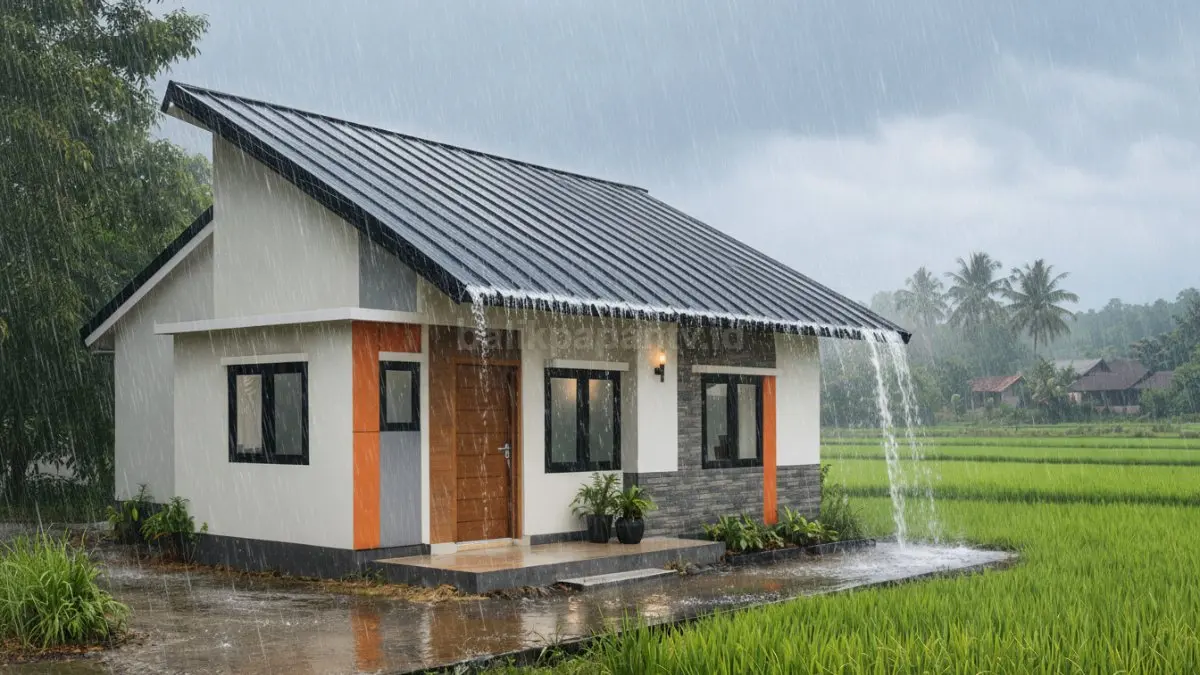 Rumah minimalis atap miring tropis di pinggir sawah.