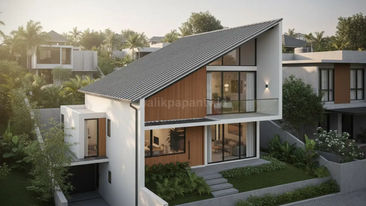 Rumah minimalis atap sandar modern, kombinasi kayu dan beton, nyaman dan terang.