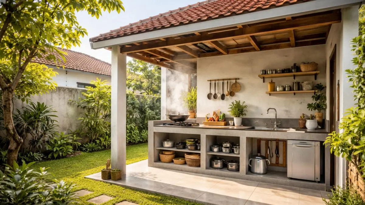 Rumah minimalis desa dengan dapur terbuka menyatu dengan halaman.