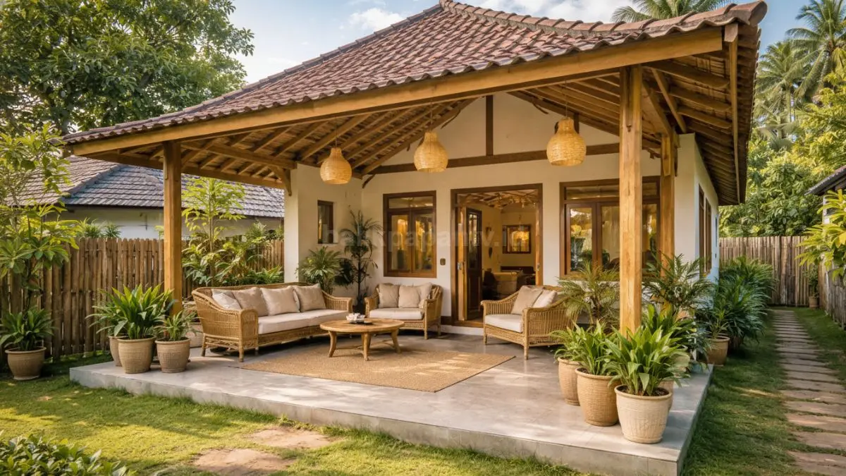 Rumah minimalis di desa dengan teras lebar multifungsi.