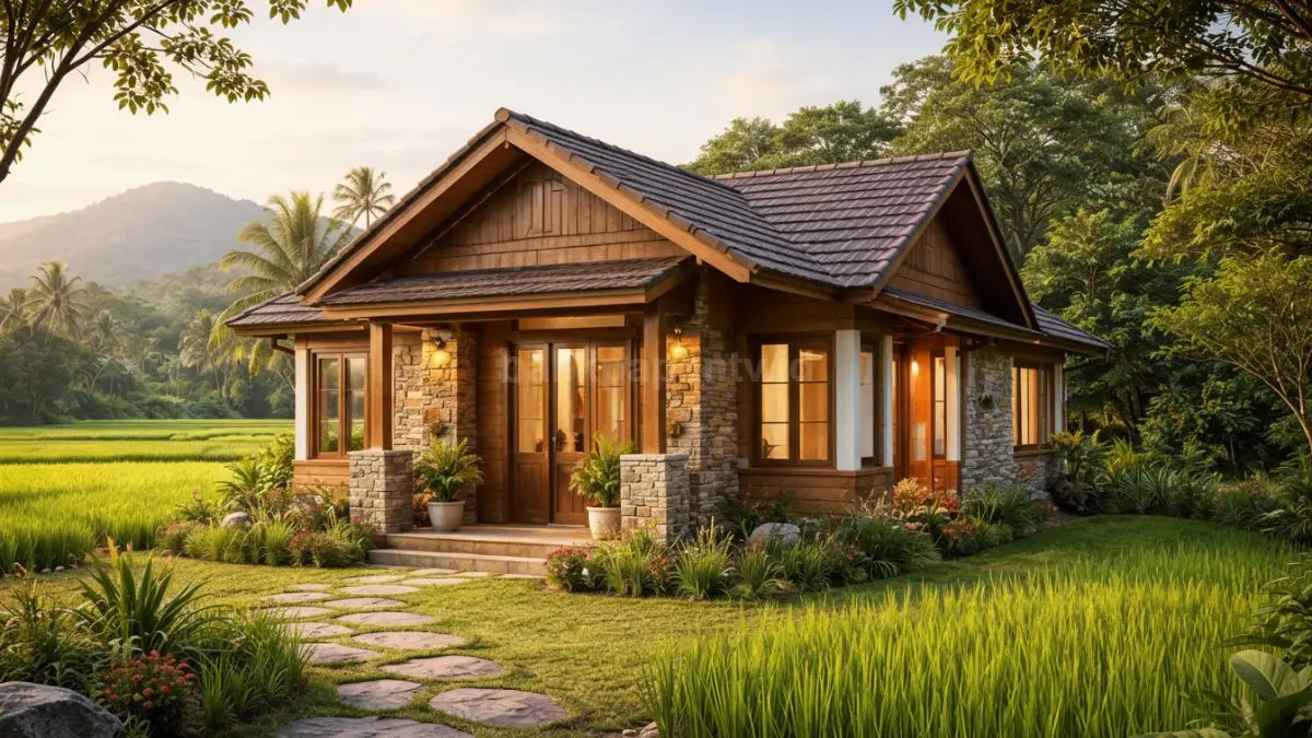 Rumah minimalis kayu kombinasi batu alam di desa.