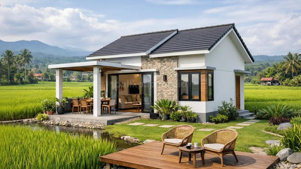 Rumah minimalis modern di pinggir sawah dengan desain terbuka dan pemandangan hijau yang menenangkan.