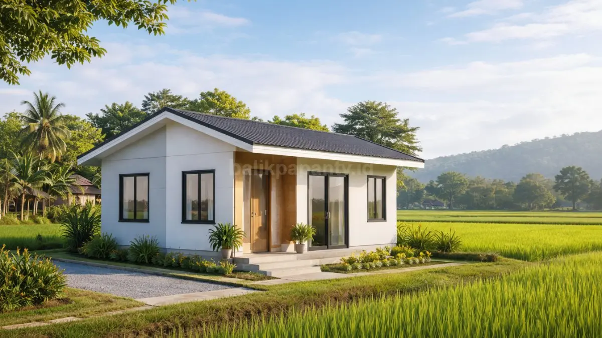 Rumah minimalis modular di pinggir sawah.