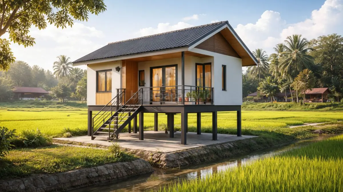 Rumah minimalis panggung modern di pinggir sawah.