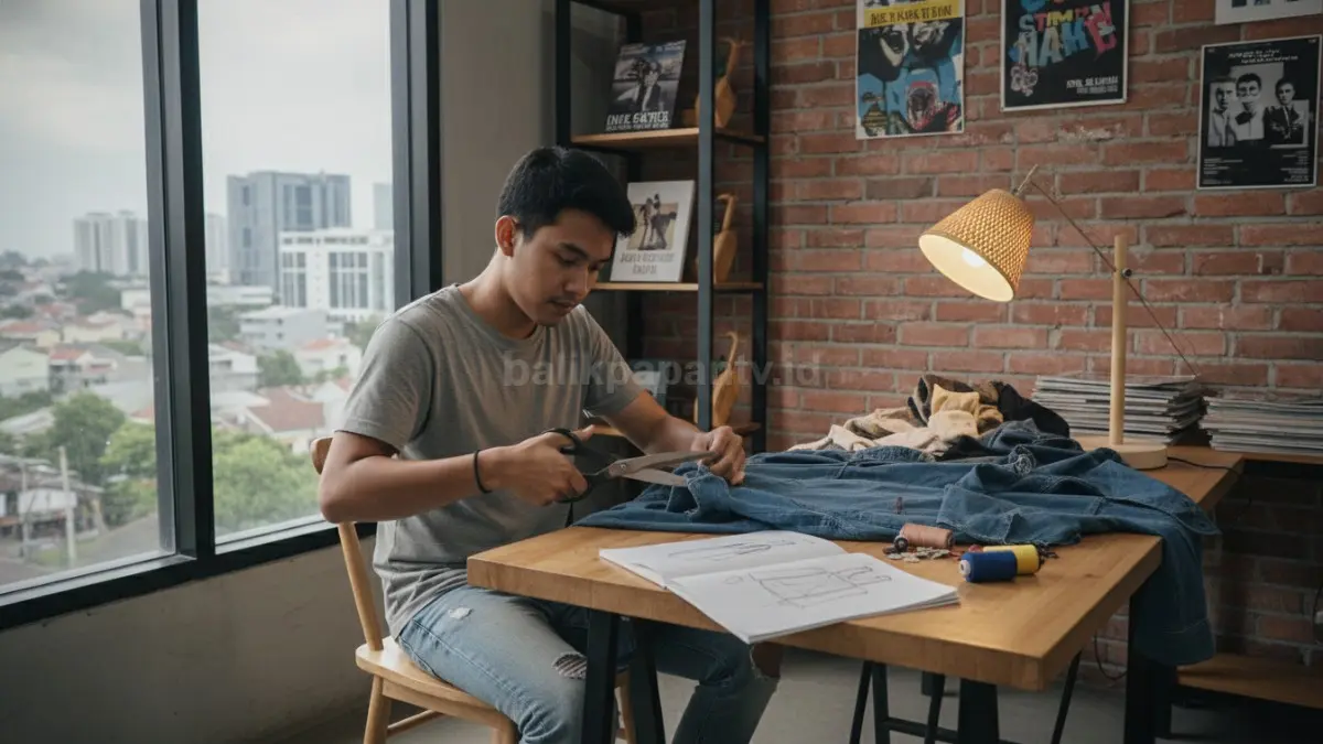 Seorang anak muda sedang mengubah baju lama di meja kerja dengan alat sederhana seperti gunting dan benang.