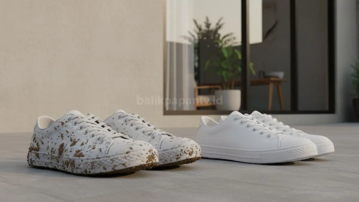 Sepatu kotor dengan noda lumpur sebelum dan sesudah dibersihkan
