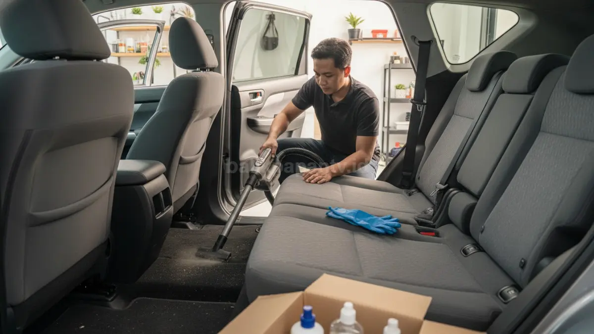 Seseorang membersihkan jok dan lantai mobil menggunakan vacuum cleaner untuk mengangkat debu.