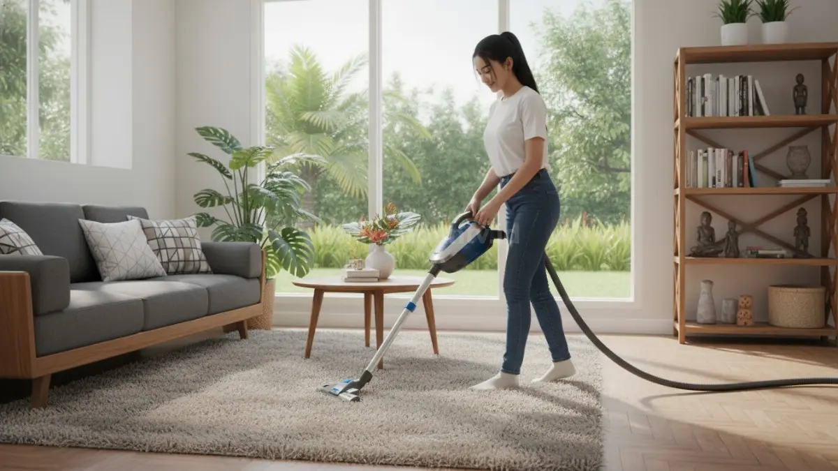 Seseorang membersihkan karpet menggunakan vacuum cleaner untuk mengangkat debu halus.