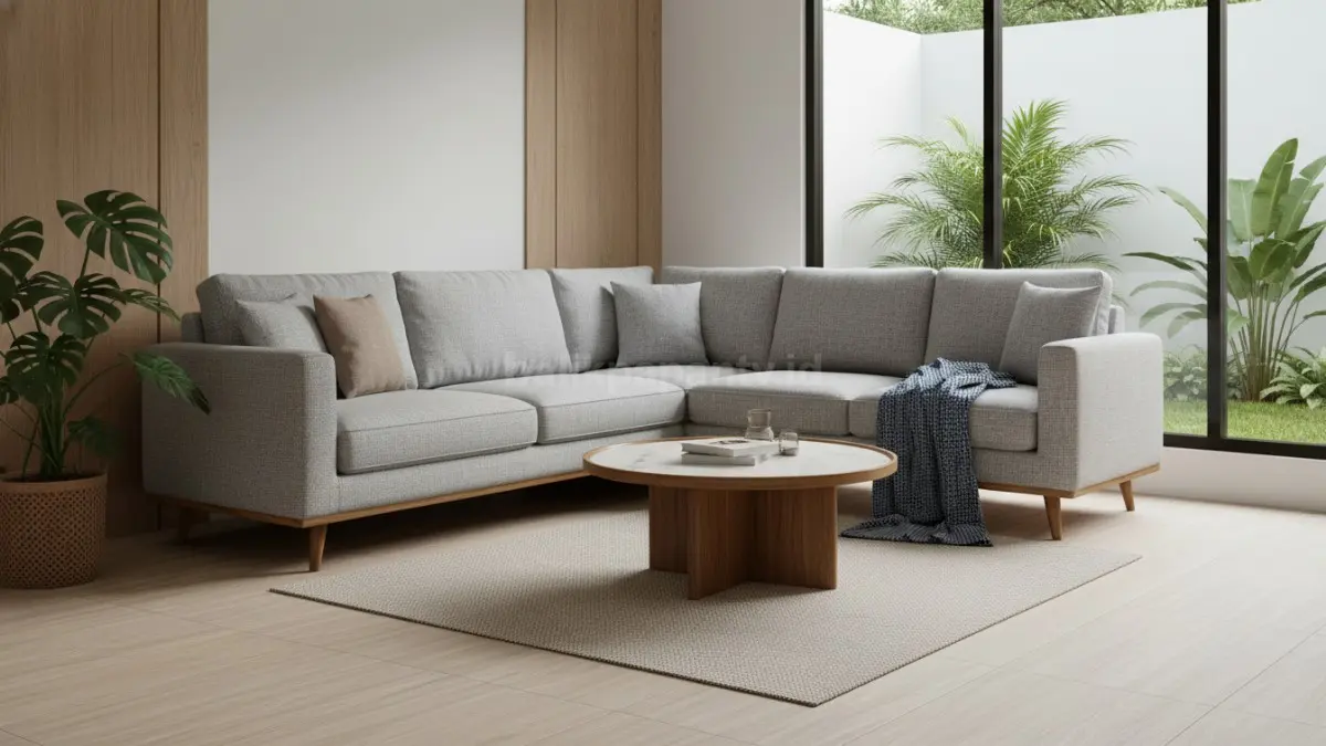 sofa L kecil dengan kaki tinggi memberi kesan lapang dan memudahkan pembersihan lantai
