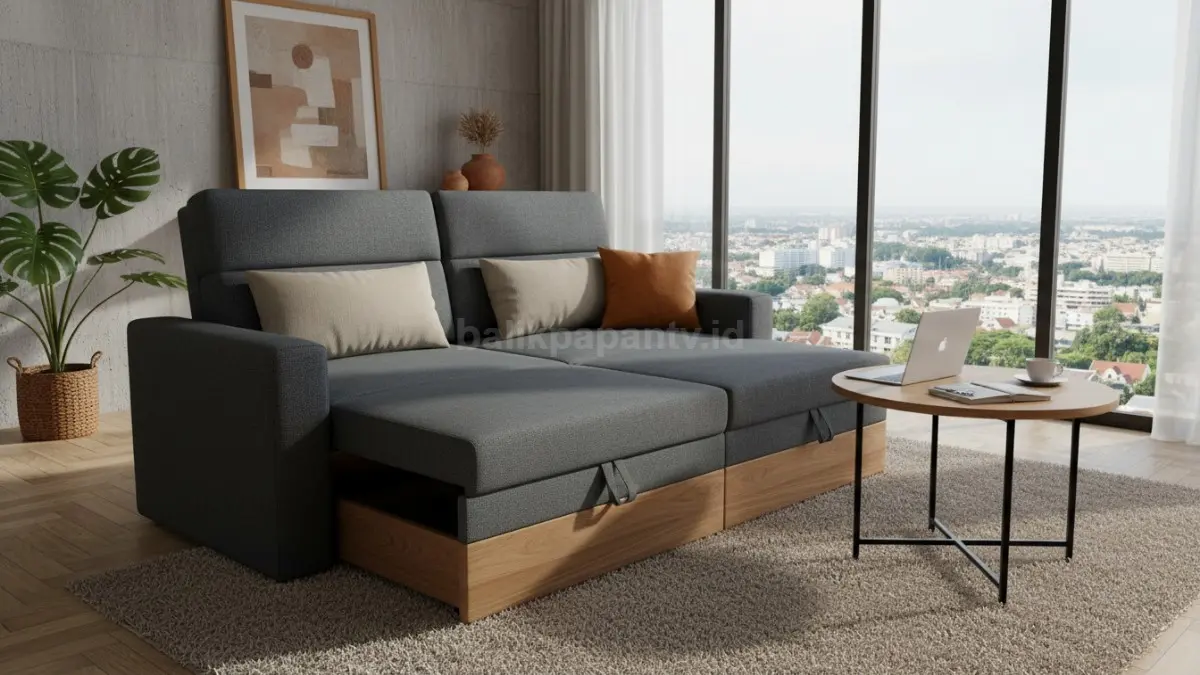 Sofa lipat dengan storage, multifungsi, ideal buat rumah minimalis dan anak muda yang aktif.