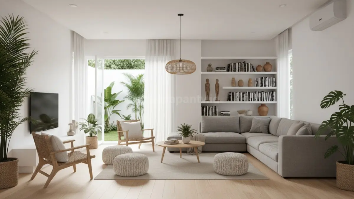 Sofa modern minimalis menyatu ruang tamu dan keluarga, tampil rapi, cozy, dan estetik di rumah Balikpapan.