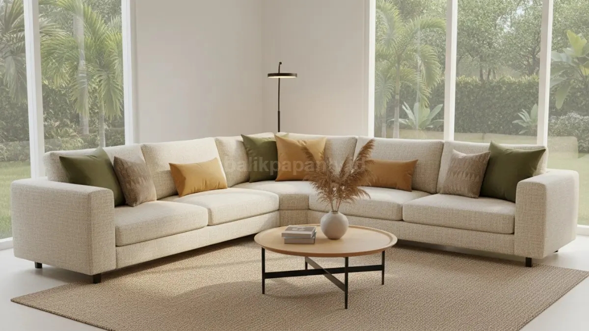 Sofa sudut, memanfaatkan pojok ruangan tanpa membuat ruang tengah penuh.
