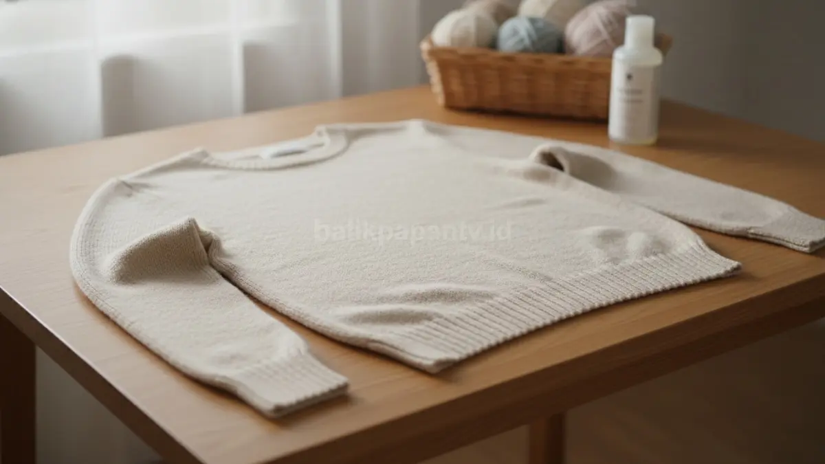 Sweater rajut bersih, bentuk tetap, serat terlihat halus dan tidak melar di atas permukaan datar.
