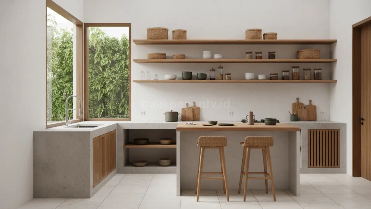 Tampilan dapur modern dengan rak bambu yang rapi dan estetik
