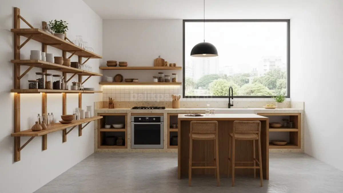 Tampilan dapur modern dengan rak bambu yang rapi dan estetik
