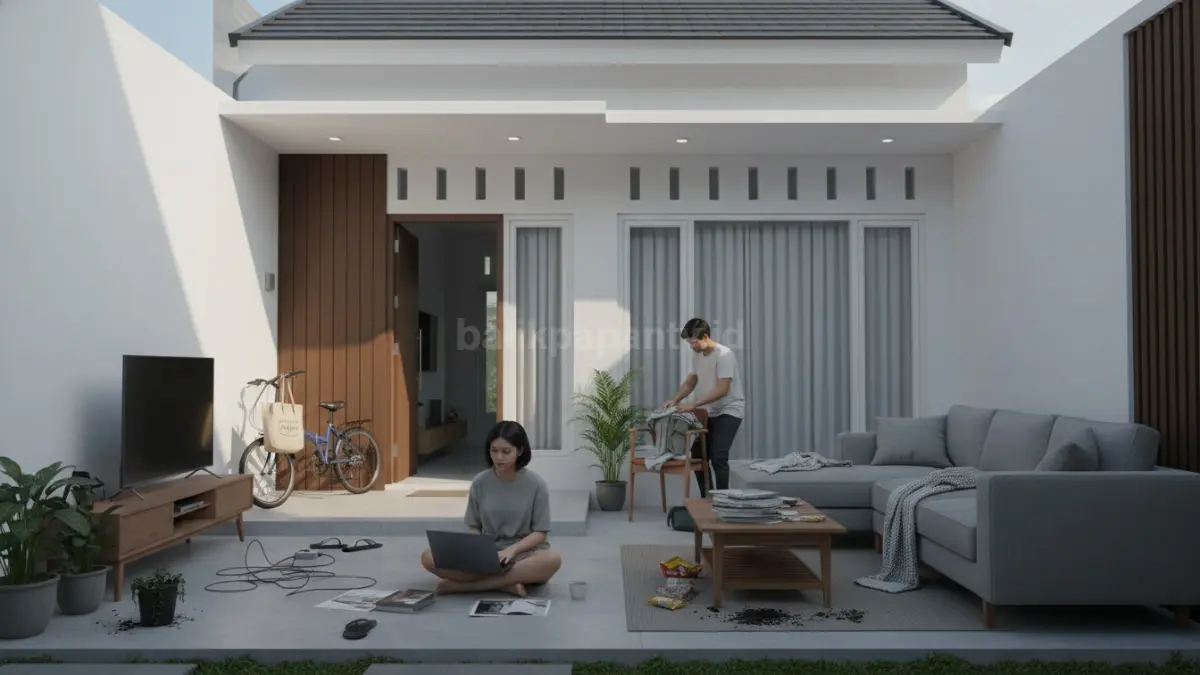 Tampilan rumah modern dengan area berantakan akibat penataan barang yang tidak teratur
