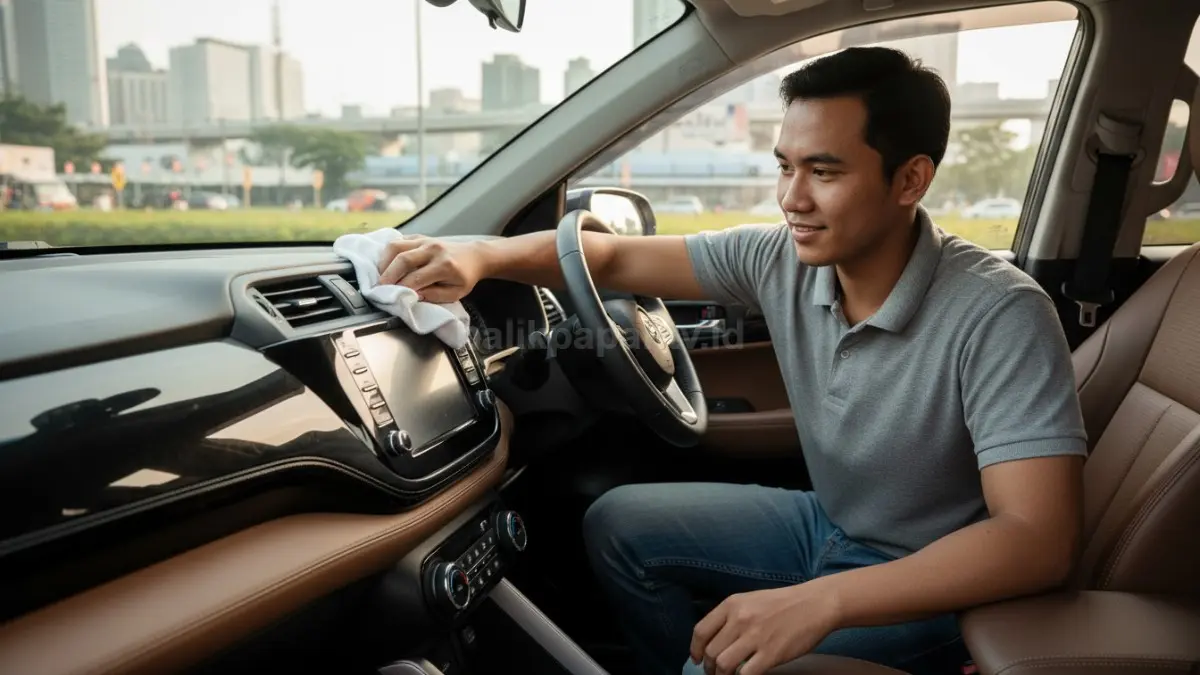 Tangan mengelap dashboard mobil menggunakan kain halus agar tetap bersih dan tidak tergores.