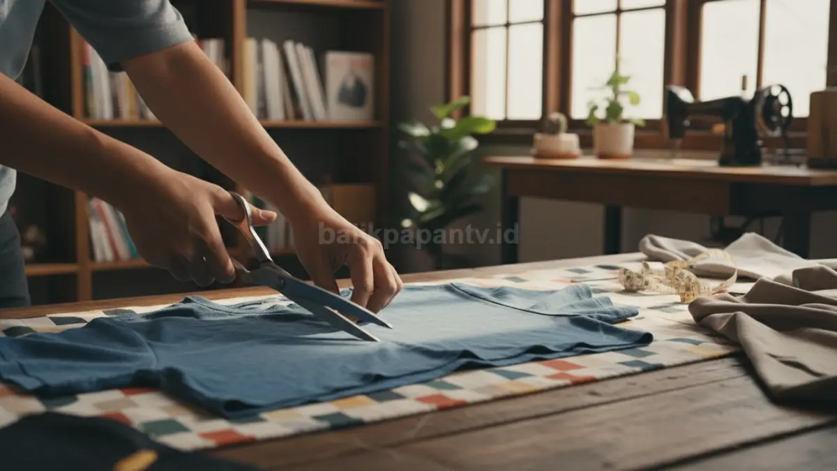 Tangan sedang memotong kaos lama dengan pola sederhana untuk dijadikan crop top.