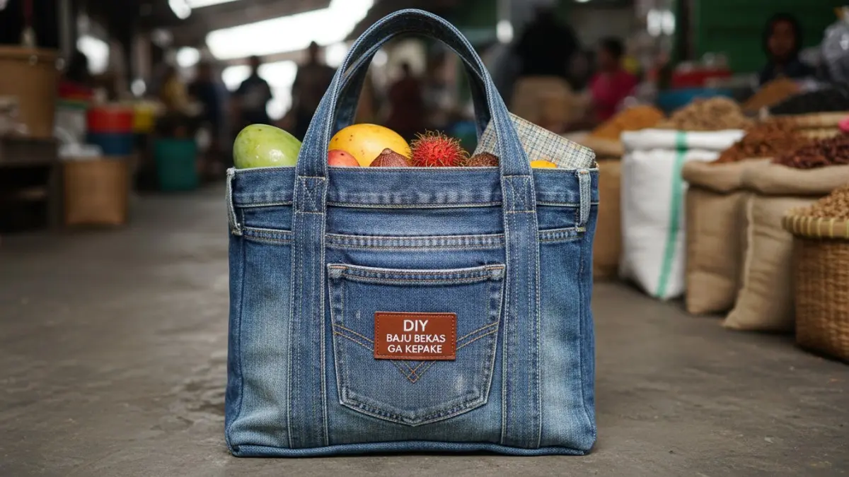 Tas sederhana dari bahan jeans dengan pegangan kuat, cocok untuk belanja atau aktivitas santai.