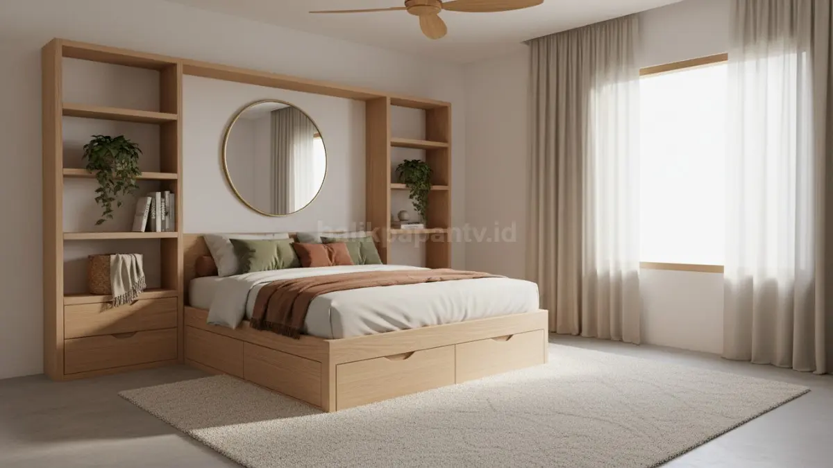 Tempat tidur dengan headboard plus rak tambahan