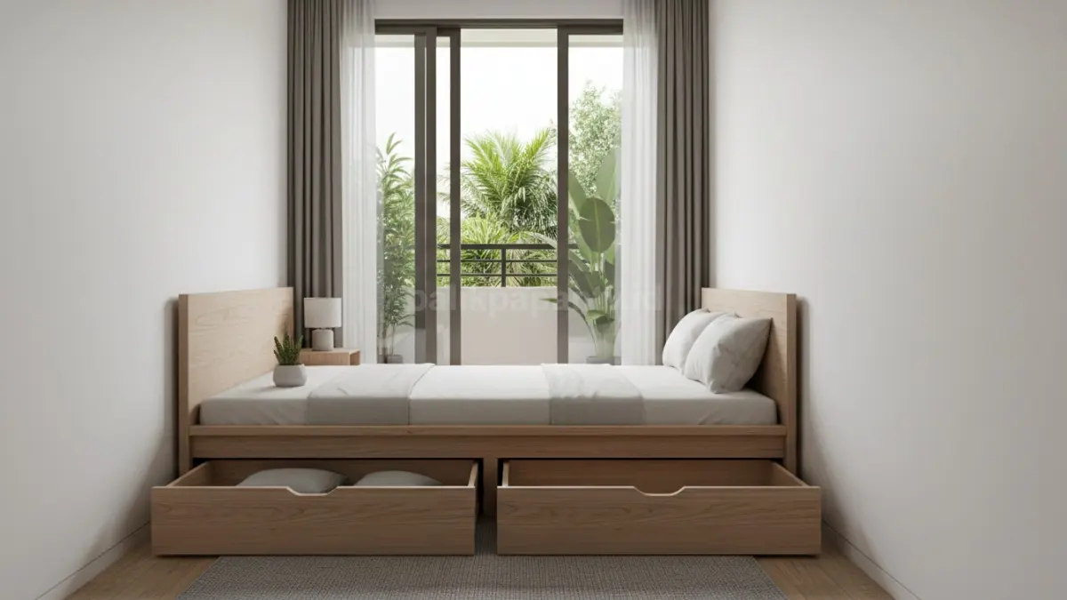 Tempat tidur dengan laci tarik samping