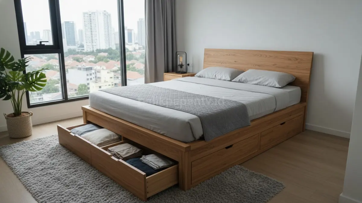 Tempat tidur multifungsi modern dengan laci penyimpanan rapi, solusi kamar minimalis kekinian