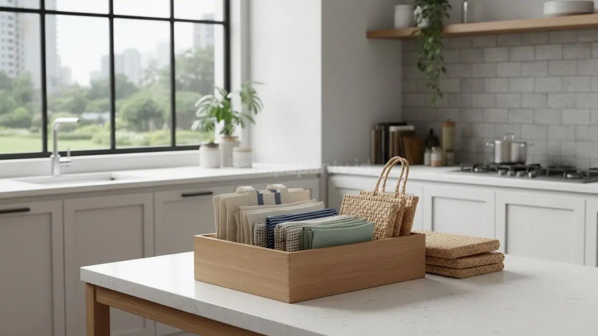 Tumpukan kantong belanja yang diatur rapi dalam kotak penyimpanan minimalis di dapur modern
