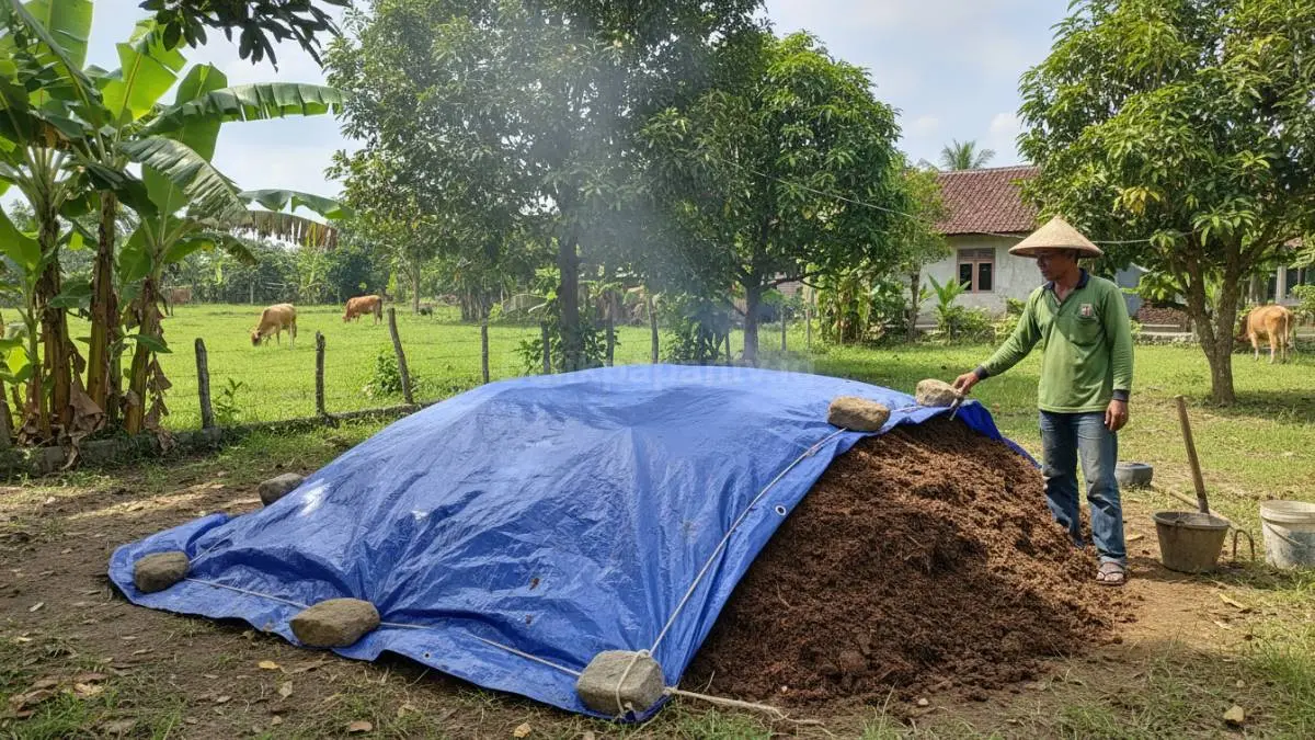 Tumpukan kompos ditutup menggunakan terpal agar suhu dan kelembapan terjaga selama proses fermentasi berlangsung.