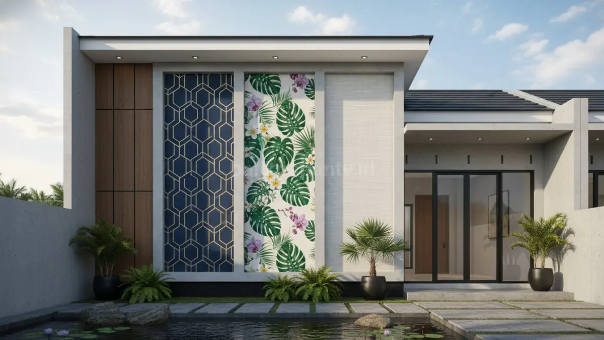 Variasi desain wallpaper seperti geometris, floral, dan tekstur linen dalam satu tampilan
