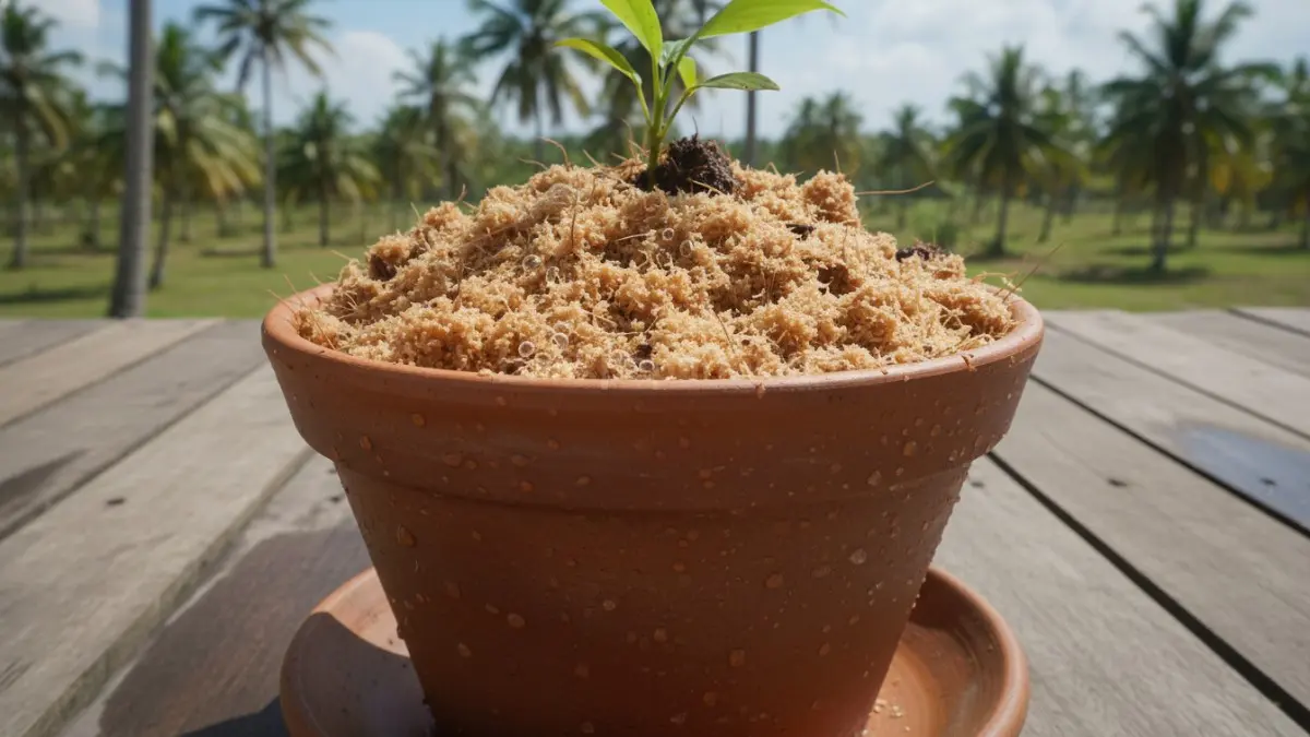 Contoh visual sabut kelapa yang sudah diolah jadi media tanam dalam pot, terlihat ringan dan menyerap air dengan baik.
