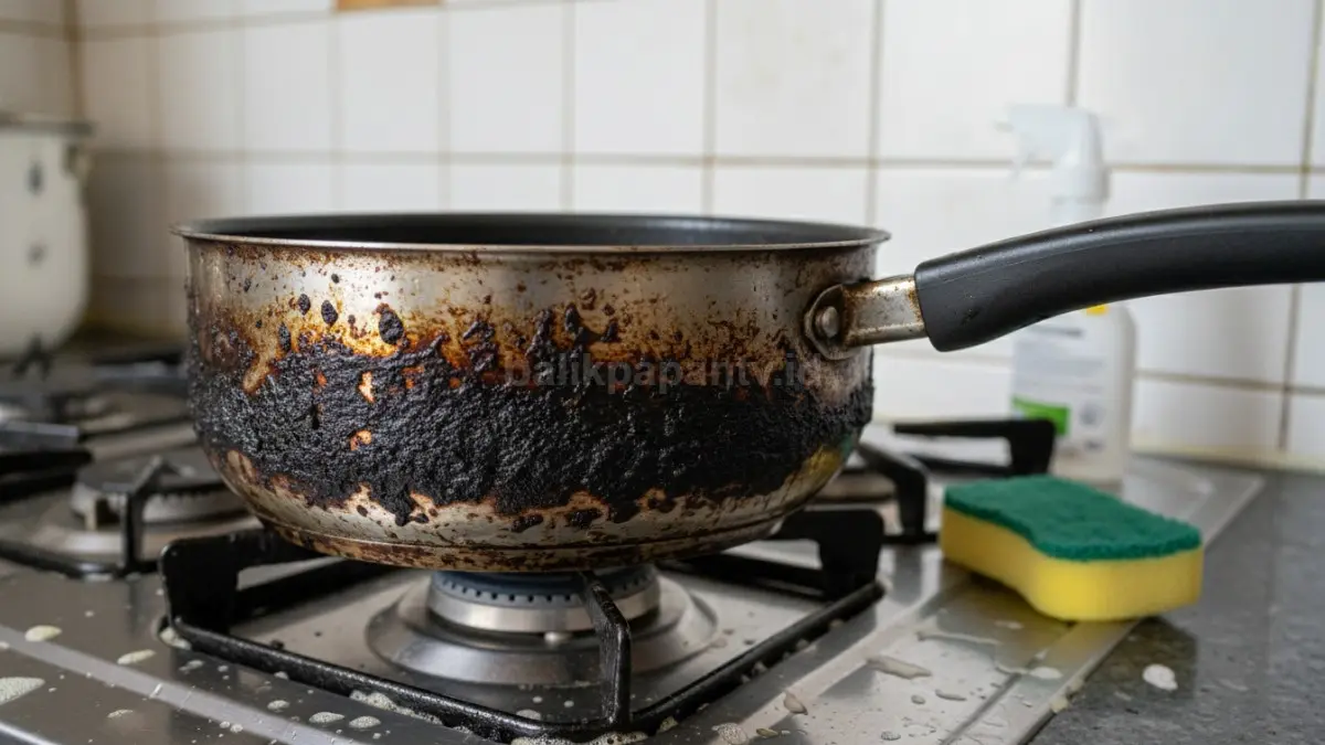 Dasar panci penuh kerak hitam akibat sisa makanan terbakar
