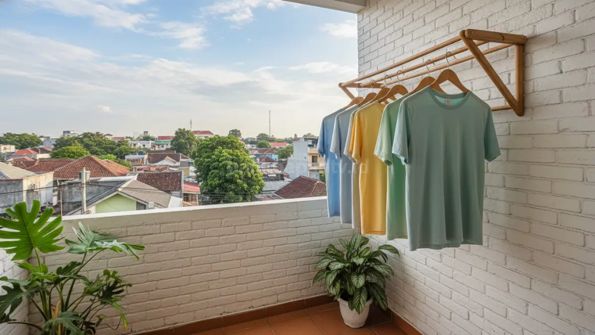 Jemuran lipat terpasang rapi di balkon kecil, pakaian tergantung tanpa membuat ruang terasa sempit