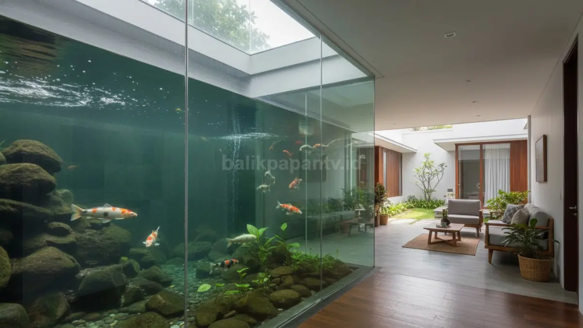 Kolam ikan di dalam rumah, biasanya dekat ruang tamu dengan kaca transparan dan pencahayaan alami dari atas