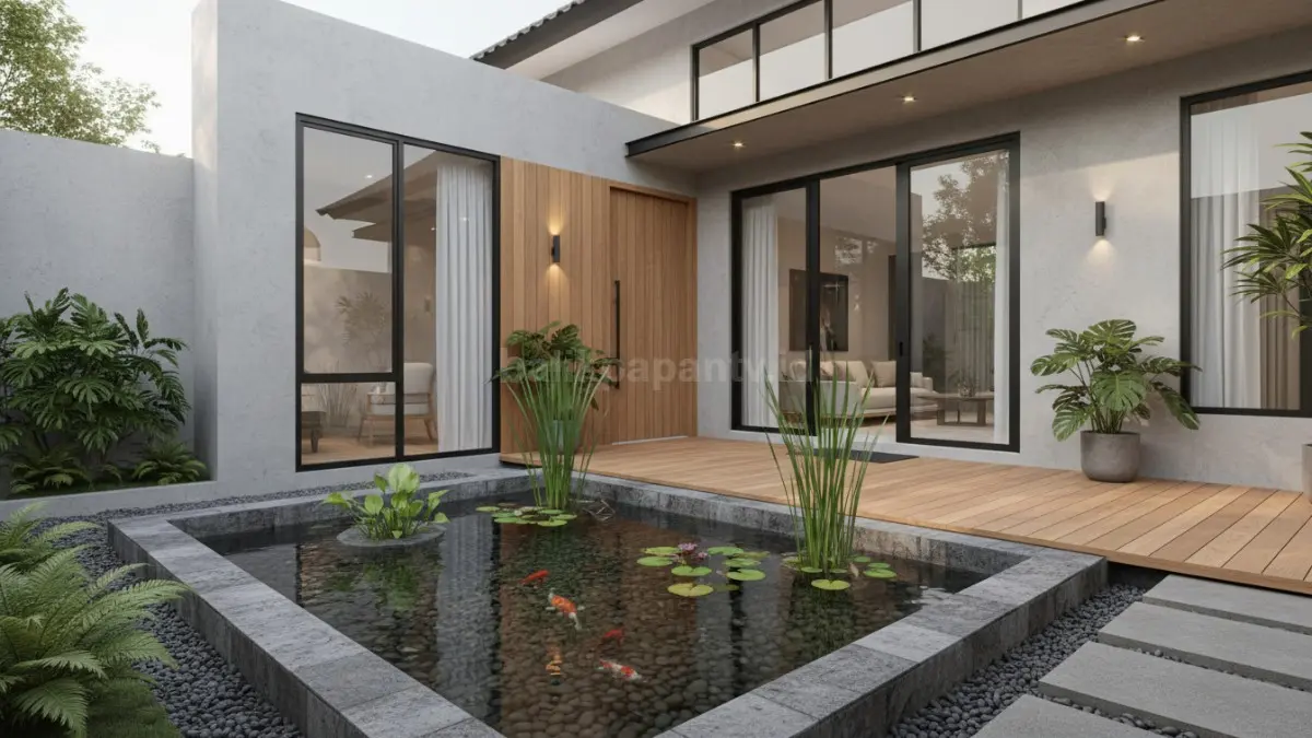 Kolam ikan kecil di area teras depan, desain simpel dengan batu alam dan tanaman hijau, menyatu dengan fasad rumah modern