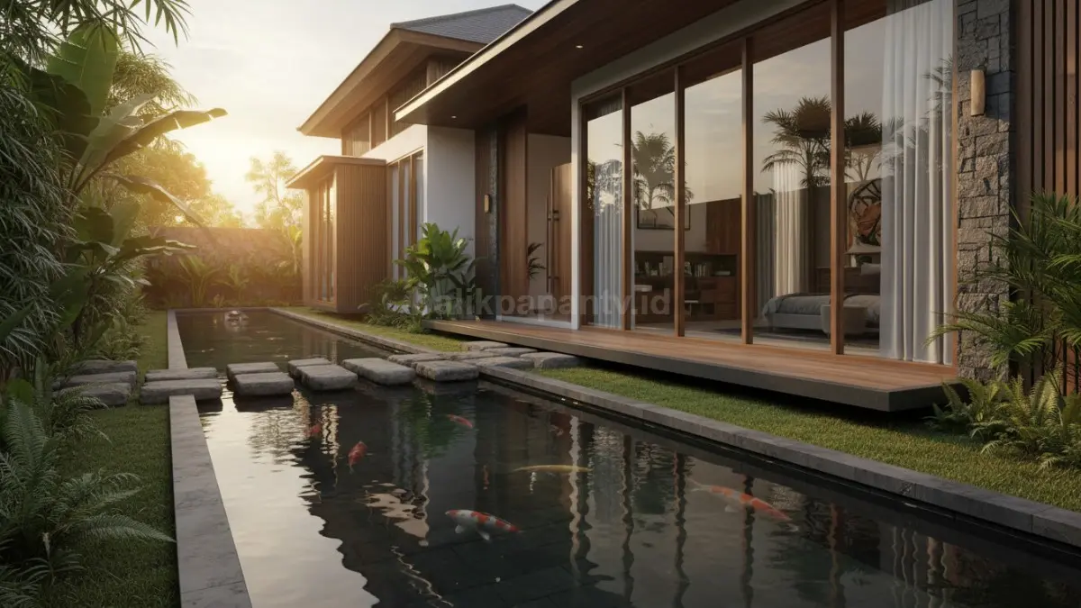 Kolam memanjang di samping rumah, memanfaatkan lahan sempit dengan desain ramping dan rapi