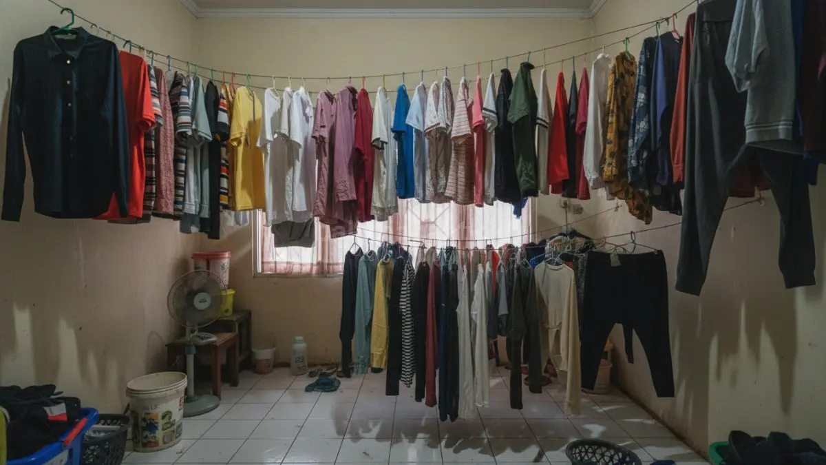 Pakaian digantung di dalam ruangan sempit hingga terlihat penuh dan mengurangi kenyamanan