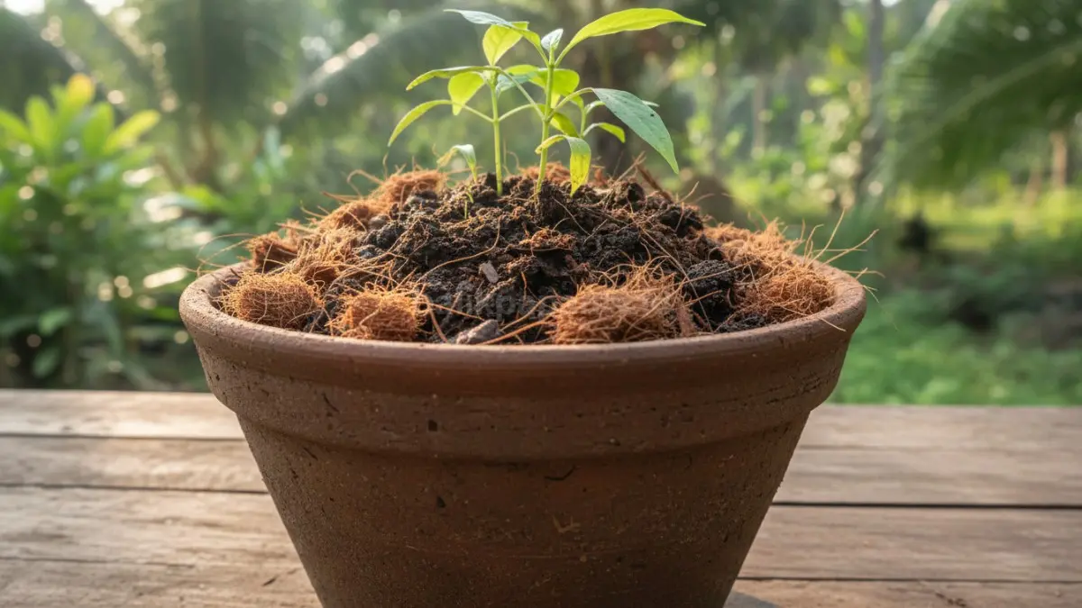 Pot tanaman dengan lapisan campuran tanah dan sabut kelapa terlihat jelas