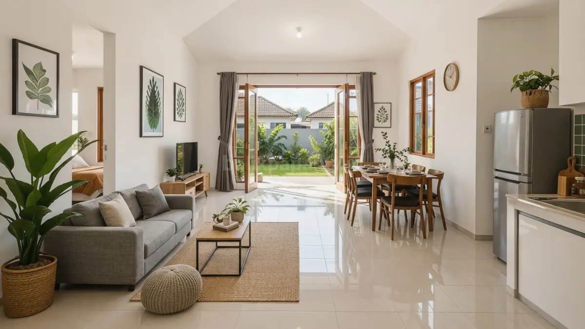 Rumah minimalis desa dengan ruang tengah tanpa sekat permanen.
