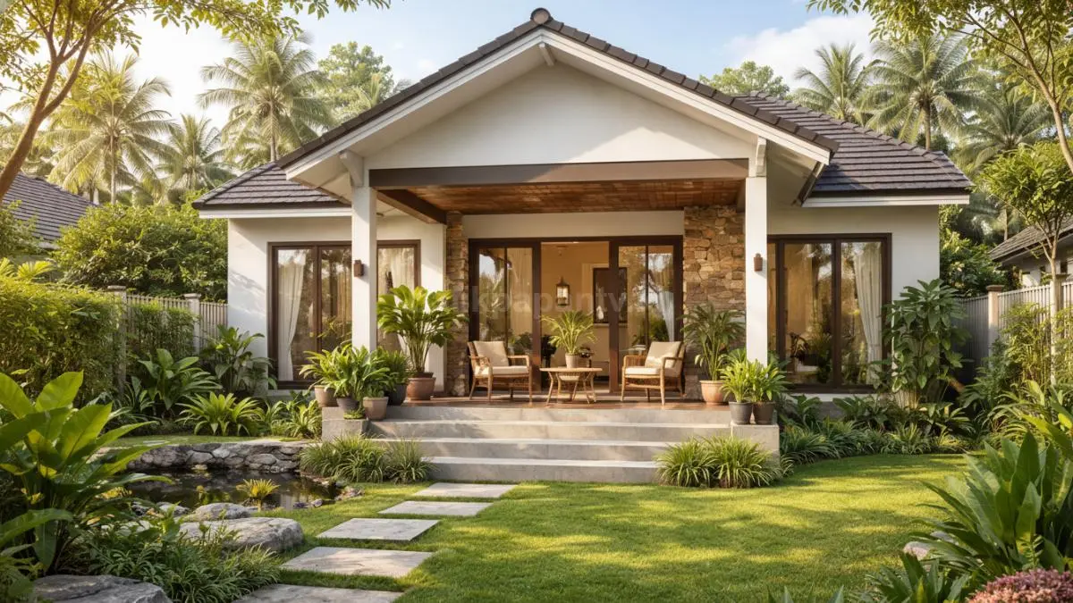 Rumah minimalis desa semi outdoor dengan teras luas dan taman terbuka, tampil sejuk dan menyatu dengan alam.