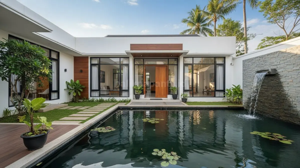 Rumah minimalis modern dengan kolam ikan di depan rumah, tampilan bersih, ada elemen air yang bikin suasana adem dan estetik