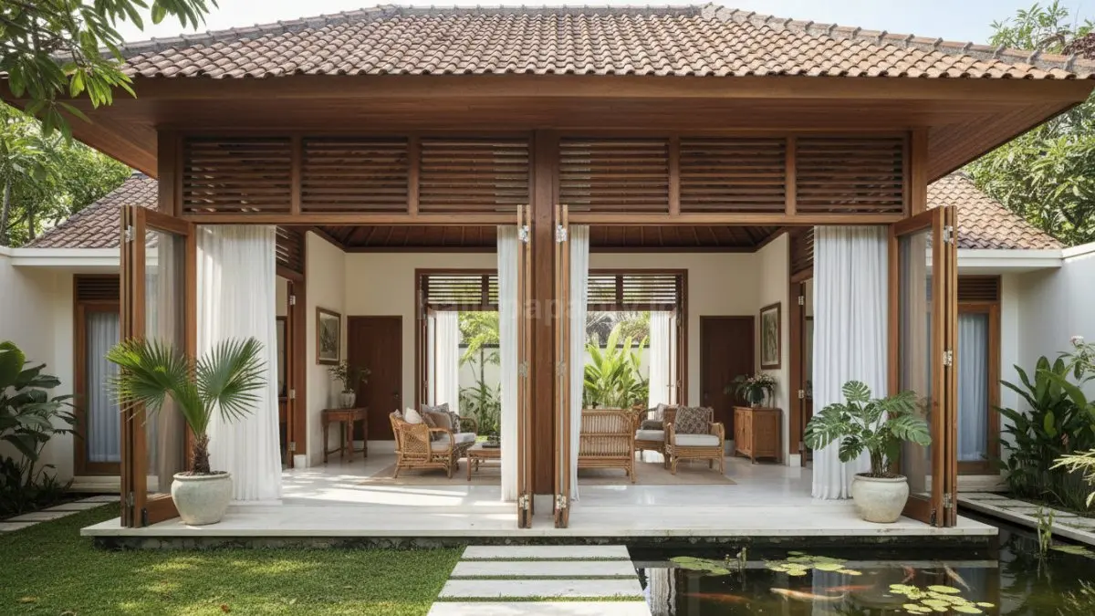 rumah tropis dengan banyak bukaan jendela dan ventilasi, cahaya masuk, suasana terang dan sejuk