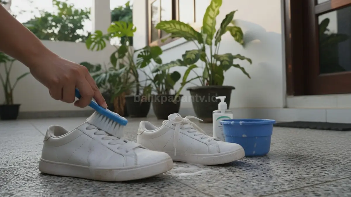 Sepatu dibersihkan dengan air sabun ringan secara merata