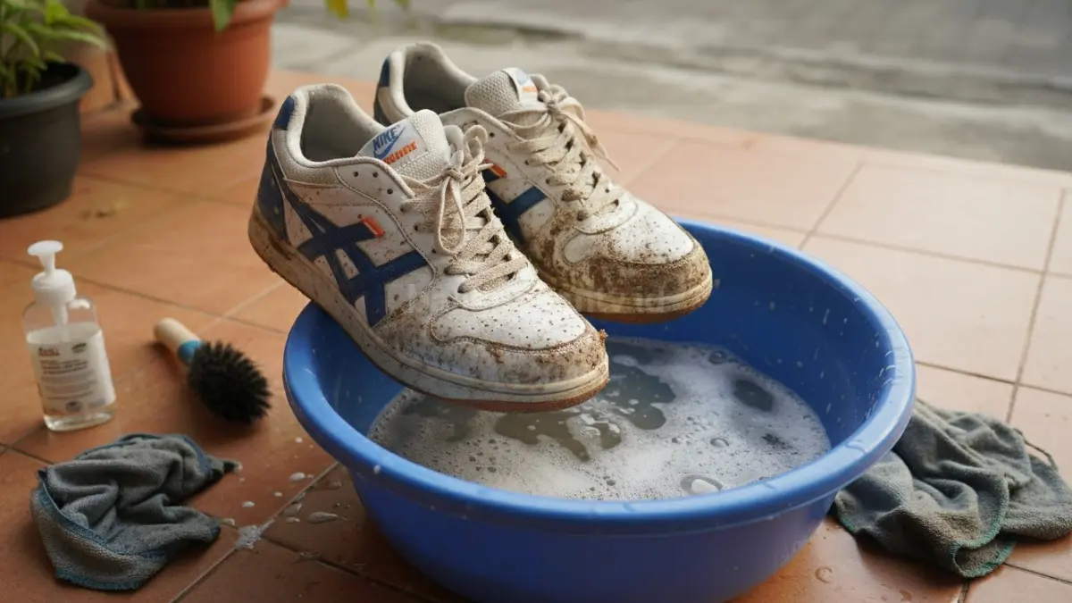 Sepatu kotor dengan noda lumpur dan debu setelah aktivitas luar ruangan