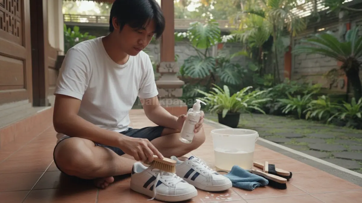 
Seseorang menyikat sepatu dengan sabun ringan dan sikat lembut