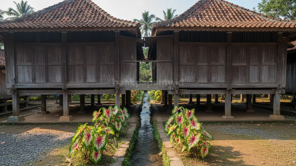 Caladium dengan daun merah, hijau, dan putih ditanam di pinggir selokan, memberikan kontras warna cerah di lingkungan yang dominan basah.