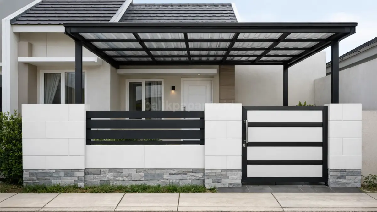 Desain pagar hebel dengan kanopi modern, tampilan bersih dan teduh cocok untuk rumah minimalis Indonesia.