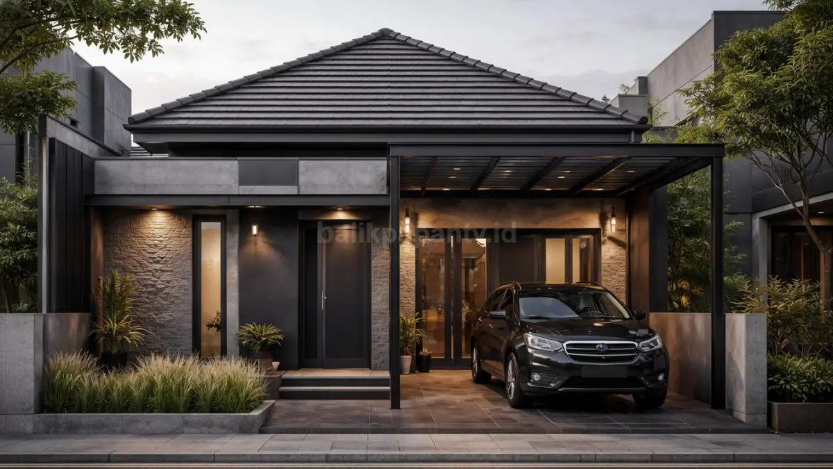 Desain rumah minimalis atap limasan bergaya industrial.