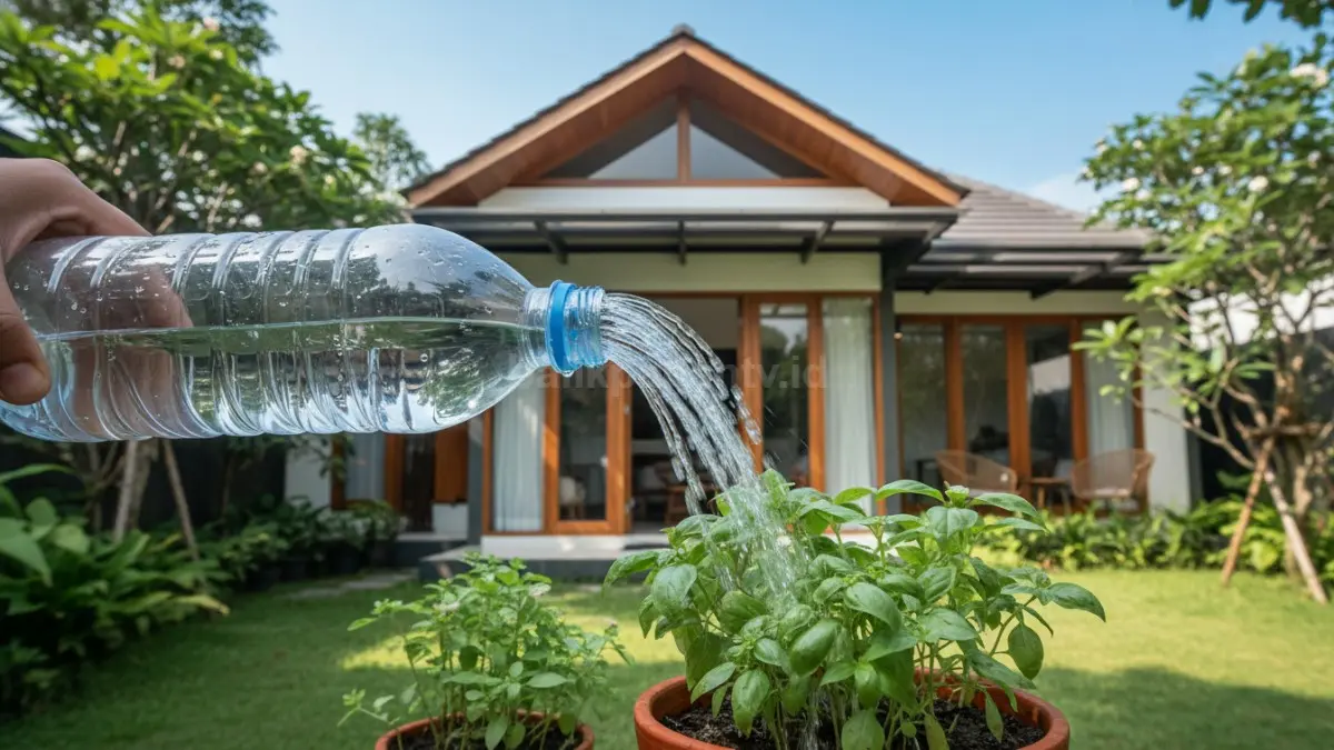 Ilustrasi botol air mineral berlubang di bagian tutup digunakan sebagai penyiram tanaman.