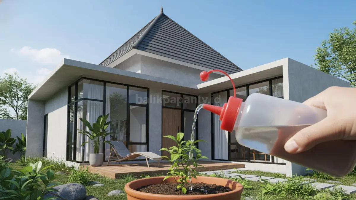 Ilustrasi botol saus plastik dengan tutup berlubang kecil digunakan menyiram tanaman pot.