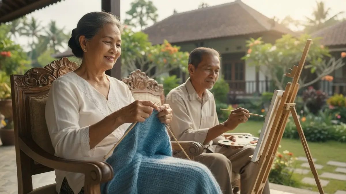 Ilustrasi lansia duduk santai sambil merajut atau melukis dengan ekspresi tenang.